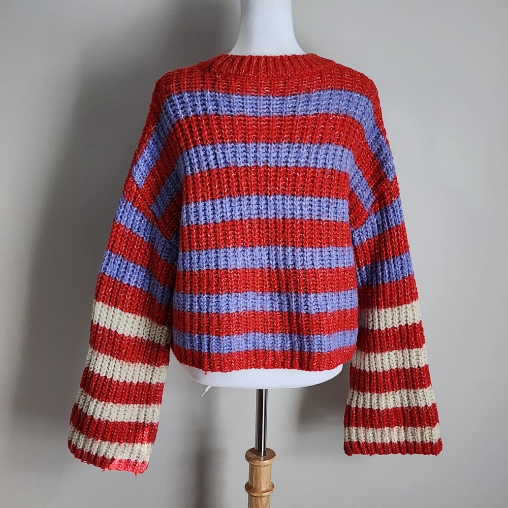 Striped Chunky Knit Sweater Womens Medium Red Purple Cropped Grunge Wool Blend - Picture 3 of 11